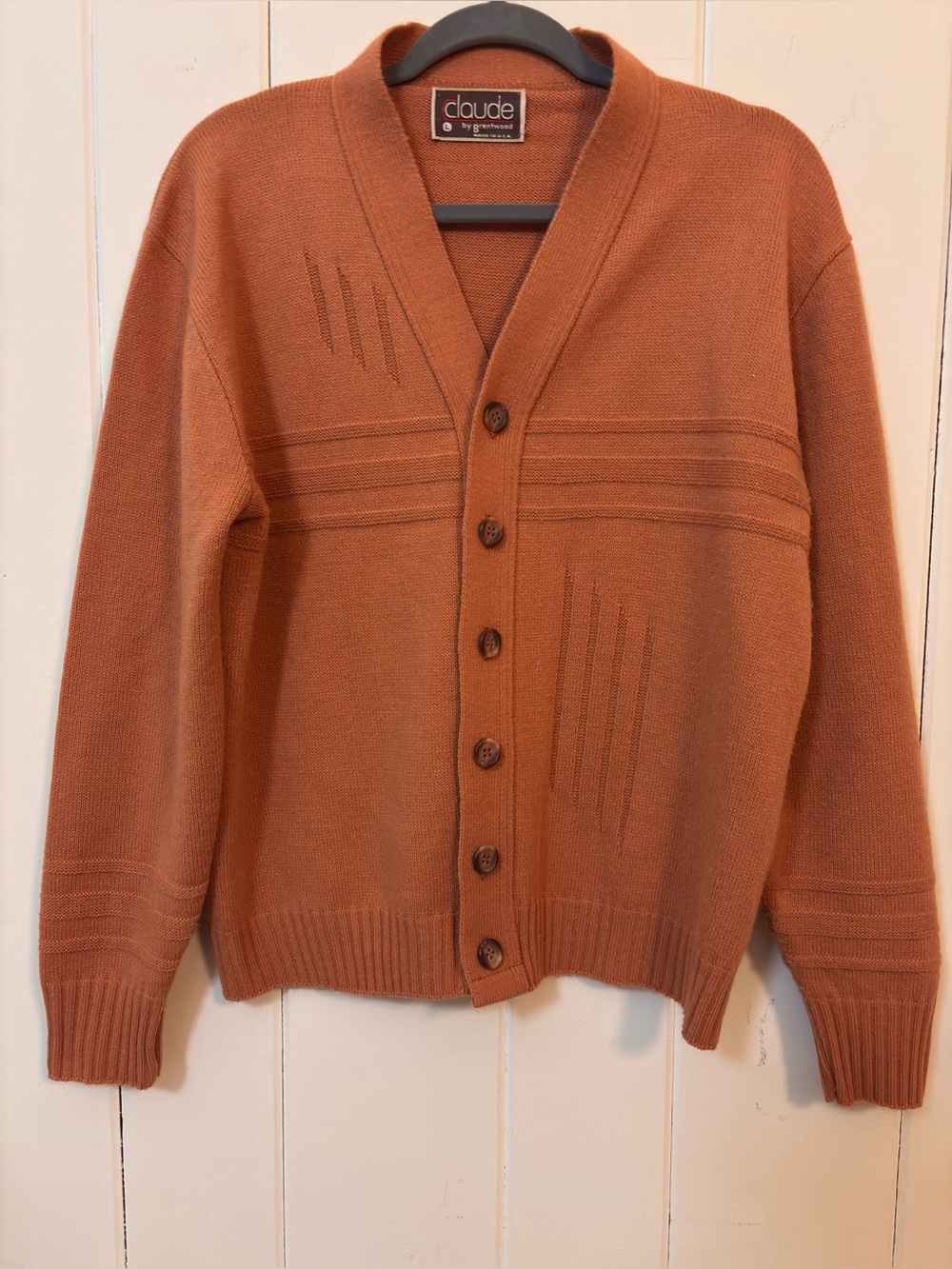 Vintage 1970s Rustic Fall Cozy Orange Knit Cardigan Grandpa Sweater - Size Large
